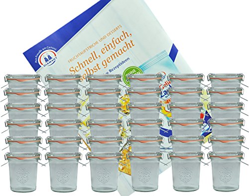 MamboCat 36er Set Weck Gläser 140 ml Sturzgläser mit 36 Glasdeckeln, 36 Einkochringen und 72 Klammern inkl. Diamant-Zucker Gelierzauber Rezeptheft I Original Weck Sturzgläser für Kuchen Gelees uvm von MamboCat