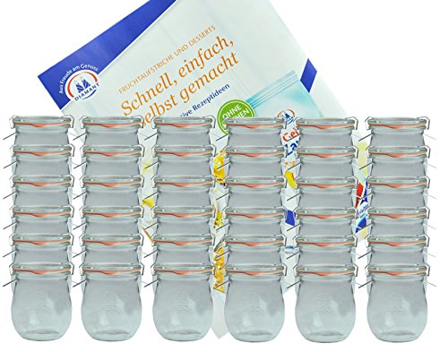 MamboCat 36er Set Weck Gläser 220 ml Tulpengläser mit 36 Glasdeckeln, 36 Einkochringen und 72 Klammern incl. Diamant-Zucker Gelierzauber Rezeptheft I Einweckgläser mit Deckel für Obst Gemüse UVM von MamboCat