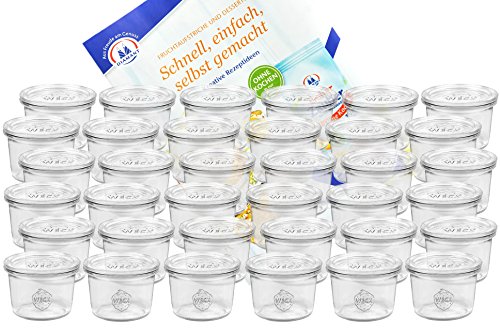 MamboCat 36er Set Weck Gläser 80ml Sturzgläser mit 36 Glasdeckeln mit Gelierzauber Rezeptheft von Diamantzucker I Original Weck Sturzglas Dessertglas I Einweckgläser mit Deckel für Kuchen Gelees von MamboCat