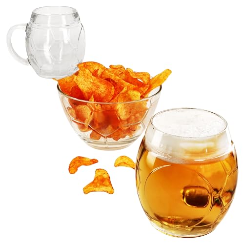 MamboCat 3ltg Set Fußball Biergläser 0,5L geeicht & Schale I 2 Personen I stabile Bierkrüge mit Henkel & Schüssel I mit Fußball-Relief & Schild auf dem Glas von MamboCat