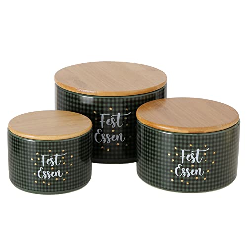MamboCat 3tlg Set Gebäckdosen Windsor I Fest Essen I Ø 11cm, 13cm & 16cm I runde schottisch-grüne Plätzchen-Dose mit Holz-Deckel, Weihnachts-Vorratsdose, Geschenkdosen aus Steingut I Advent von MamboCat
