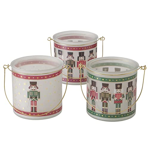 MamboCat 3tlg Set Windlicht Andrew I rund I Ø 9,5cm, H 10cm I Nussknacker-Dekor mit rotem & grünem Rand I Teelichthalter aus Glas I Tisch-Deko, Teelichtgläser I Kerzenhalter für Wohnzimmer, Küche & Co von MamboCat