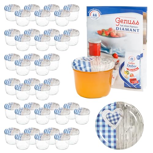 MamboCat 40er 230 ml Sturzglas-Set | Einmachgläser + Twist-Off-Deckel Holz-Herz blaukariert + GRATIS Rezeptheft | einkochen & konservieren | backofengeeignet von MamboCat