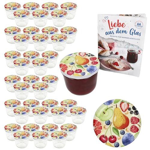 MamboCat 40er Set Sturzglas 230 ml mit Schraub-Deckel Comic-Obst I Einmachgläser + to 82 Deckel mit Diamant-Zucker-Rezept I Vorratsgläser einkochen & konservieren von MamboCat