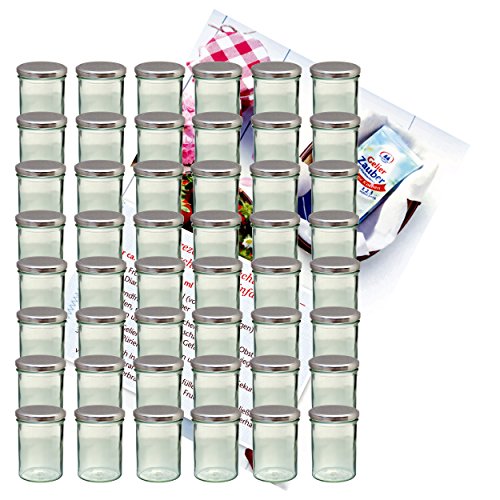 MamboCat 48er Set Sturzglas 435 ml Marmeladenglas Einmachglas Einweckglas to 82 silberner Deckel incl. Diamant-Zucker Gelierzauber Rezeptheft von MamboCat