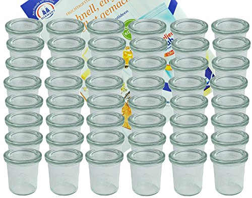 MamboCat 48er Set Weck Gläser 140 ml Sturzgläser mit 48 Glasdeckeln incl. Diamant-Zucker Gelierzauber Rezeptheft I Original Weck Sturzglas Dessertglas I Einweckgläser mit Deckel für Kuchen Gelees von MamboCat