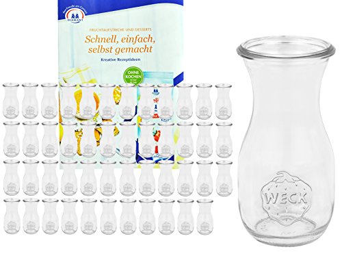 MamboCat 48er Set Weckgläser Saftflaschen 290 ml I Original Weck Glasflasche I Einweckflaschen für Säfte Saucen Öle UVM I Weck Flaschen ohne Deckel inkl. Diamant-Zucker Gelierzauber Rezeptheft von MamboCat