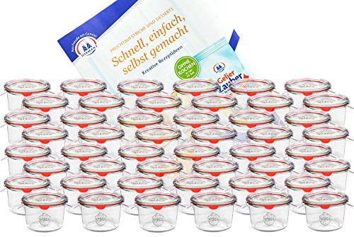 MamboCat 48er Set Weck Gläser 80ml Sturzgläser mit 48 Glasdeckeln, 48 Einkochringen und 96 Klammern inkl. Diamant-Zucker Gelierzauber Rezeptheft I Original Weck Sturzgläser für Kuchen Gelees uvm von MamboCat