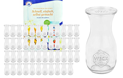 MamboCat 48er Set Weckgläser Saftflaschen mit Deckel 290 ml I Original Weck Glasflasche I Einweckflaschen mit Deckel für Säfte Saucen Öle uvm I inkl. Diamant-Zucker Gelierzauber Rezeptheft von MamboCat