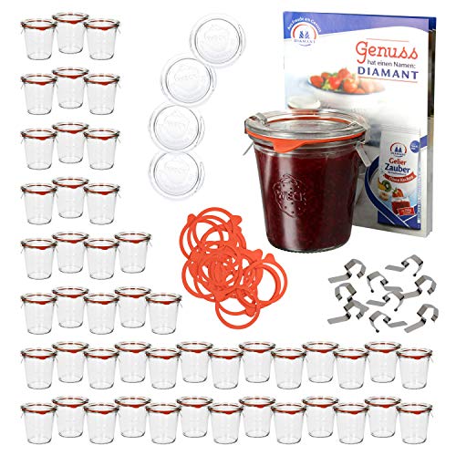 MamboCat 48er Set Weckgläser mit Deckel Einkochring Klammern I Original Weck Sturzgläser 290ml I Einweckgläser für Kuchen Gelees uvm I Marmeladenglas inkl. Diamant-Zucker Gelierzauber Rezeptheft von MamboCat