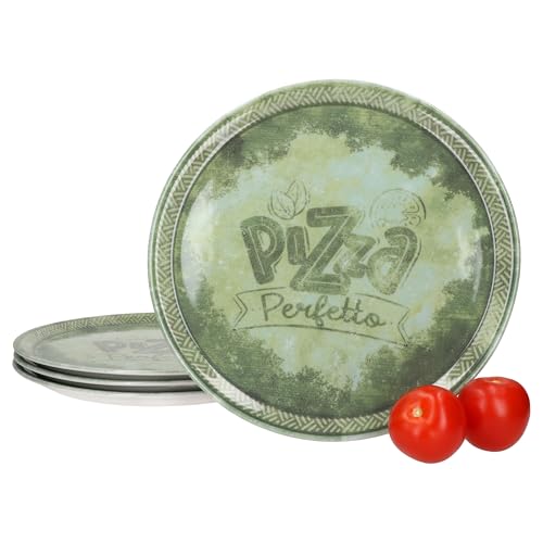 MamboCat 4er Set Perfetto Pizzateller Ø 31,5 cm I Grün I für 4 Personen I rustikale Porzellan-Teller für Pizza, Flammkuchen & mehr I große Speiseteller mit Dekor & Schrift, Servierplatte von MamboCat
