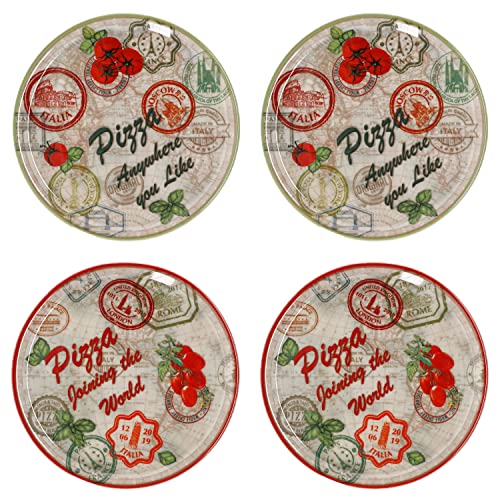 MamboCat 4er Set Pizzateller Moskau & Rom Grün & Rot Ø 31,5 cm I weisse Porzellanteller mit Motiven zum Servieren für Antipasti und Tomate-Mozzarella I Pizzaplatten Frühstücksteller mediterran von MamboCat