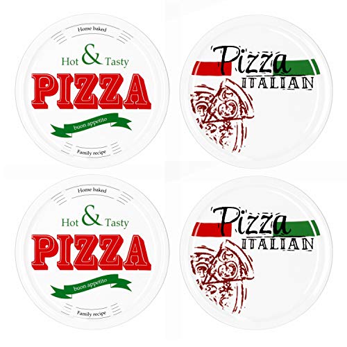 MamboCat 4-er Set Pizzateller Ø 30,5 cm Motive Pizza Italian + Hot & Tasty I große weiße Teller aus Steingut zum Anrichten für Pizza und Co oder als Steingutplatten zum Servieren von Wurst und Käse von MamboCat