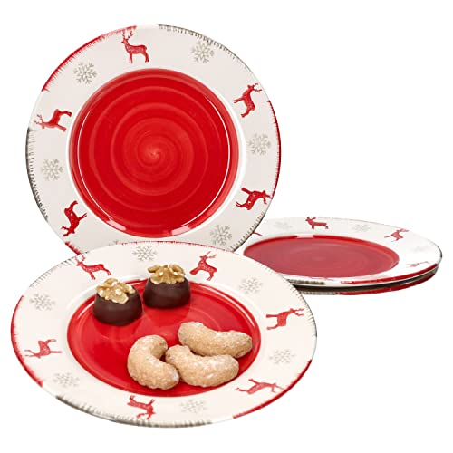 MamboCat 4er Set Rentier Unik Kuchenteller I 4 Personen I Gebäckteller für Weihnachten mit Hirschen & Schneeflocken I Plätzchen, Kekse I Christmas I Frühstücks- oder Dessertteller flach I Steingut von MamboCat