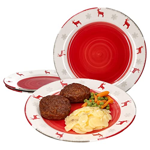 MamboCat 4er Set Rentier Unik Speiseteller I 4 Personen I Teller für Weihnachten mit Hirschen & Schneeflocken I Festtagsessen, Braten I Christmas I Essteller, Servierplatte flach I Steingut von MamboCat