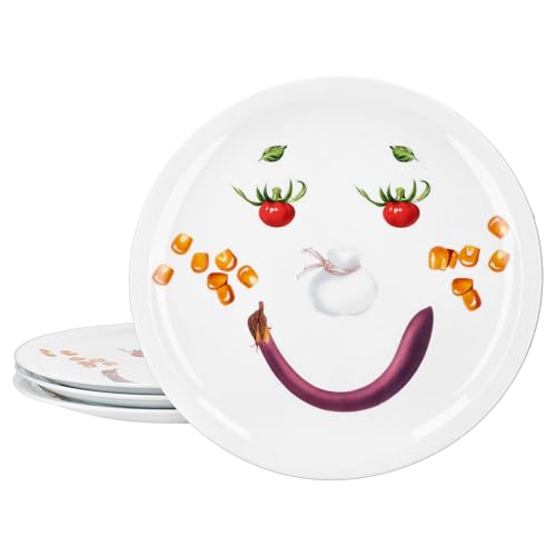 MamboCat 4er Set Smiley Pizzateller I Ø 30,5 cm I lustige Servierplatte aus Porzellan mit Gemüse-Gesicht I Kinderteller, Partyteller, Familienpizza I für Pizza, Flammkuchen & mehr von MamboCat