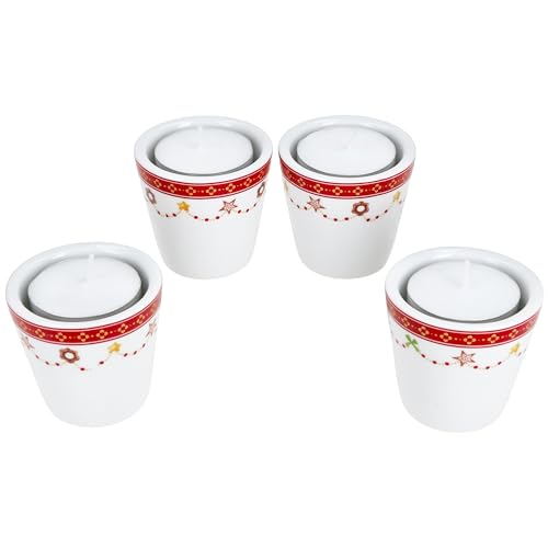 MamboCat 4er Set Weihnachtstraum Teelichthalter I Höhe 5,1cm I runde Porzellan-Kerzenhalter für Stabkerzen & Teelichter für Weihnachten, Advent & Co von MamboCat