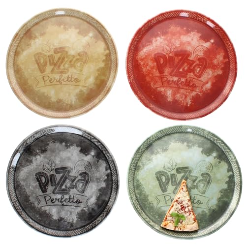 MamboCat 4tlg Set Perfetto Pizzateller Ø 31,5 cm I Porzellan-Teller je 1x in Gelb, Grün, Rot & Schwarz I ideal für Pizza, Flammkuchen & mehr I große Servierplatte mit Dekor & Schrift von MamboCat