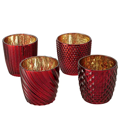 MamboCat 4tlg Set Windlicht Matia rot I Ø9cm, H9cm I 4 Dekore I Teelichthalter aus Mercury-Glas, Tisch-Deko mit Relief & goldener Innenfläche I Kerzenhalter für Wohnzimmer, Esstisch&Co I Candle Holder von MamboCat