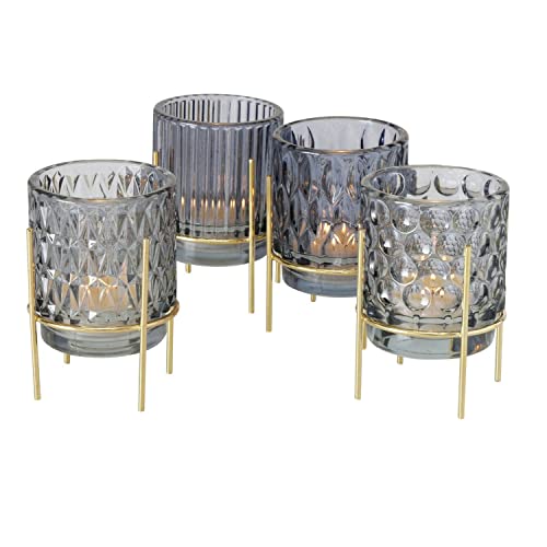 MamboCat 4tlg Set Windlicht Noria grau mit Ständer I Ø11cm, H7cm I 4 Dekore I Teelichthalter aus Glas, Tisch-Deko mit Relief & goldenem Halter I Kerzenhalter für Wohnzimmer, Esstisch&Co, Candle Holder von MamboCat