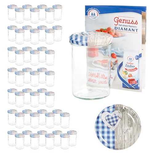 MamboCat 50er 435 ml Sturzglas-Set | Einmachgläser + Twist-Off-Deckel Holz-Herz blaukariert + GRATIS Rezeptheft | einkochen & konservieren | backofengeeignet von MamboCat