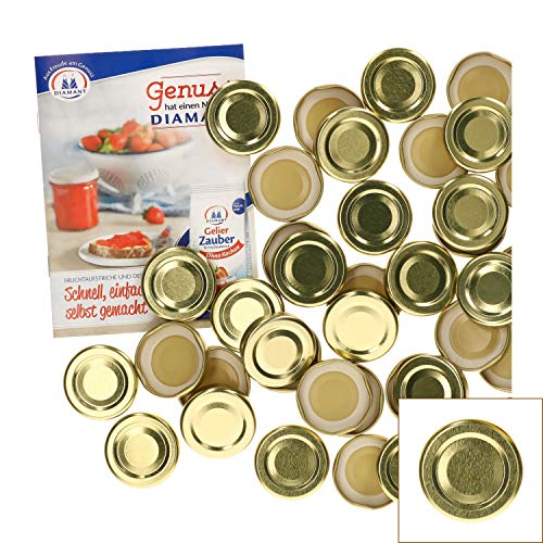 MamboCat 50er Set Deckel to 43, passend für 37 ml / 53 ml Gläser, Gold lackiert, Schraubdeckel für Sturzgläser, mit Gummidichtung incl. GRATIS Diamant-Zucker Rezeptheft MamboCat 50er Set Deckel to 43, passend für 37 ml / 53 ml Gläser, Gold lackiert, Schraubdeckel für Sturzgläser, mit Gummidichtung incl. GRATIS Diamant-Zucker Rezeptheft von MamboCat
