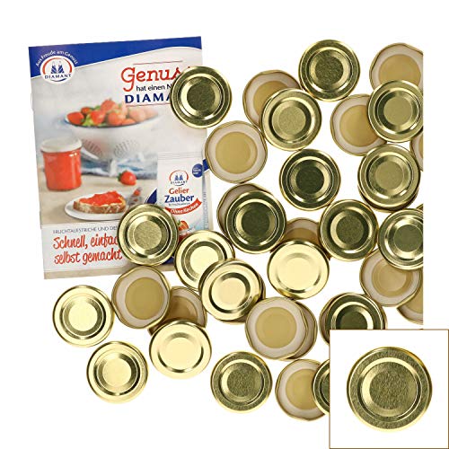 MamboCat 50er Set Deckel to 43, passend für 37 ml / 53 ml Gläser, Gold lackiert, Schraubdeckel für Sturzgläser, mit Gummidichtung incl. GRATIS Diamant-Zucker Rezeptheft von MamboCat