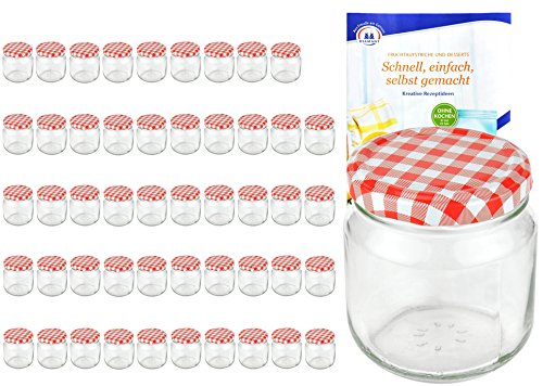 MamboCat 50er Set Rundgläser 212 ml nieder Deckelfarbe rot weiß kariert to 66 inkl. Diamant Gelierzauber Rezeptheft, Marmeladengläser, Einmachgläser, Einweckgläser, Gläser von MamboCat