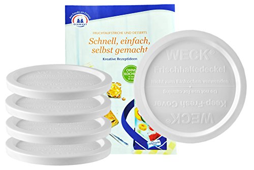 5er Set WECK Frischhaltedeckel für Rundrandglas 100 mm, Kunststoffdeckel, Vorratsgläser verschließen, Schnappdeckel, Kunststoff weiß, passend für WECK-Rundrandgläser RR100, GRATIS Rezeptheft von MamboCat