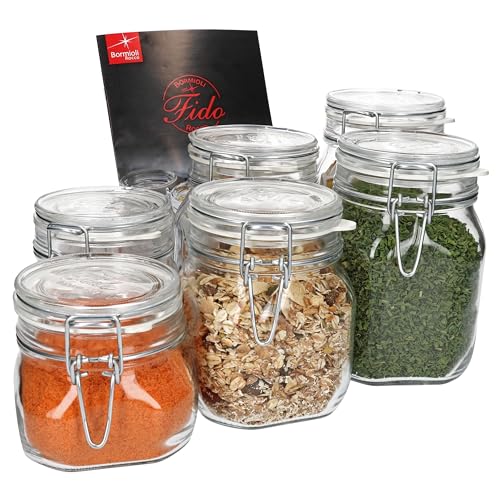 Bormioli Rocco 6-tlg. Set Fido Gläser mit Bügelverschluss I Einmachglas Drahtbügel in 3 Größen I Bügelglas 750ml - Vorratsglas 500ml - Drahtbügelglas 1l I Vierkant Glasbehälter zur Aufbewahrung von Bormioli Rocco