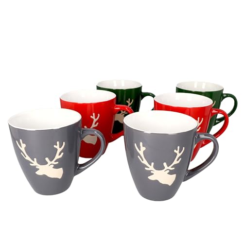 MamboCat 6-er Kaffee-Becher-Set Hirsch konisch Weihnachten I Keramik-Tasse groß mit Hirschkopf - 2X Rot Grün Grau I große Jumbo-Tee-Tasse - Tea & Coffee Mug I 250 ml Weihnachts-Tassen-Set 6 St. von MamboCat