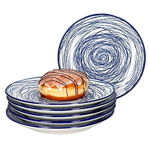 MamboCat 6-teiliges Teller-Set Rabisco I Kuchenteller-Set für 6 Personen I flache Dessert-Teller beidseitig glänzend lasiert in Blau-Weiß I Hochwertiges Porzellan Geschirr-Set mit Ø 19,5cm von MamboCat