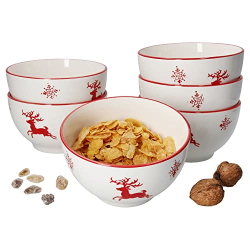 MamboCat 6er Müsli-/Gebäckschalen-Set Weihnachten I Schneeflocken & Hirsch I 450 ml I für 6 Personen I Plätzchen, Nüsse, Pralinen I Christmas, X-Mas I Festtagsessen I Schüssel I Steingut von MamboCat