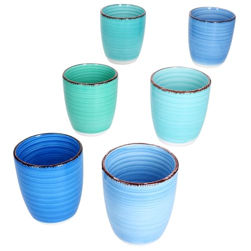 MamboCat 6er Set Blue Mokkabecher I 150 ml I Kleine Becher ohne Henkel aus Steingut für 6 Personen mit verschiedenen Blautönen & Strudel-Dekor I für Espresso, Matcha etc. von MamboCat