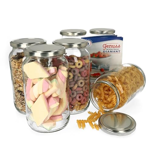6er Set Einmachglas 1062 ml I Deckel in Silber I Twist-Off to 82 I Rund- / Einkochgläser I Vorratsglas I + GRATIS Rezeptheft I Glasbehälter zur Aufbewahrung von MamboCat