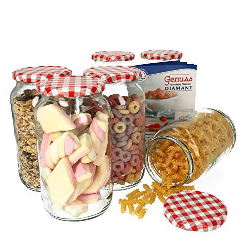 MamboCat 6er Set Einmachglas 1062 ml I Rundgläser Einkochgläser mit Schraubdeckel I Twist Off to 82 I Aufbewahrungsgläser mit Deckel Rot Weiß Kariert I inkl. Rezeptheft von MamboCat