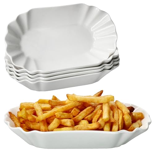 MamboCat 6er Set Fries Pommesschale I ovale weiße Currywurstschale aus Porzellan I Snackteller mit Relief für Beilagen, Würstchen, Pommes & Nuggets I Wiederverwendbare Servierteller von MamboCat