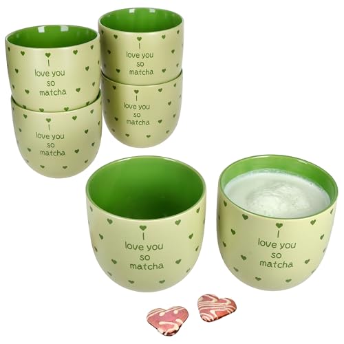 MamboCat 6er Set I Love Matcha Becher I 370 ml I grüne Steingut-Tassen ohne Henkel mit Herzen & Schrift I 6 Personen I für Matcha-Tee, Matcha Latte, Matcha Smoothie & Co von MamboCat