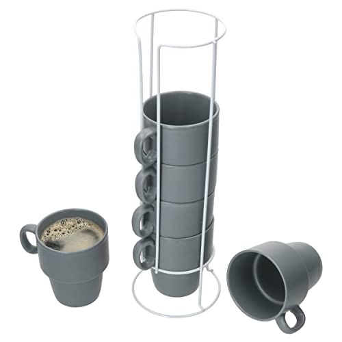 MamboCat 6er Set Kaffeebecher Stata mit Ständer I 250 ml I grau I stapelbare Porzellan-Tassen mit Henkel für Kaffee, Tee, Kakao, Cappuccino & Latte Macchiato I für Zuhause oder am Buffet platzsparend von MamboCat