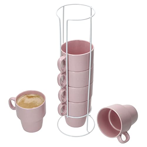MamboCat 6er Set Kaffeebecher Stata mit Ständer I 250 ml I rosa stapelbare Porzellan-Tassen mit Henkel für Kaffee, Tee, Kakao, Cappuccino & Latte Macchiato für Zuhause oder am Buffet platzsparend von MamboCat