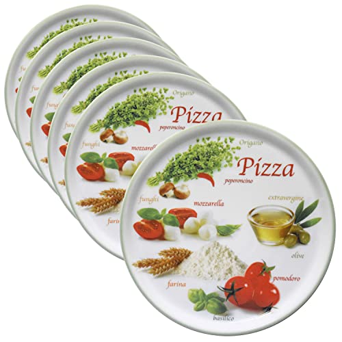 MamboCat 6er Set Pizzateller Napoli Green Ø 33,8 cm I Servierplatten mit Motiven I Vorspeisen Platten zum Anrichten für Antipasti oder Tomate-Mozzarella I bunte Porzellan Teller für Pizza & Co von MamboCat