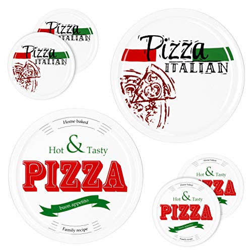 MamboCat 6-er Set Pizzateller Ø 30,5 cm Motive Pizza Italian + Hot & Tasty I große weiße Teller aus Steingut zum Anrichten für Pizza und Co oder als Steingutplatten zum Servieren von Wurst und Käse von MamboCat
