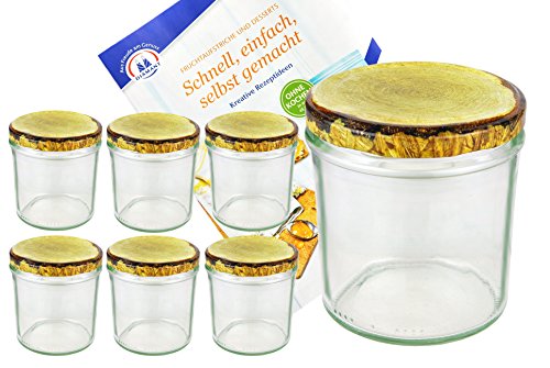 MamboCat 6er Set Sturzglas, 350 ml mit to 82, Deckel mit Holz-Dekor, Einmachglas, Einweckglas inkl. Diamant-Zucker Gelierzauber Rezeptheft von MamboCat