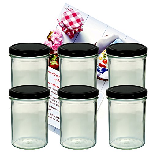 MamboCat 6er Set Sturzglas 435 ml Marmeladenglas Einmachglas Einweckglas to 82 schwarzer Deckel incl. Diamant-Zucker Gelierzauber Rezeptheft von MamboCat