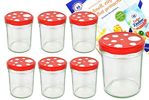 MamboCat 6er Set Sturzglas 435 ml to 82 Fliegenpilz Deckel rot weiß gepunktet incl. Diamant Gelierzauber Rezeptheft Marmeladenglas Einmachglas Einweckglas von MamboCat