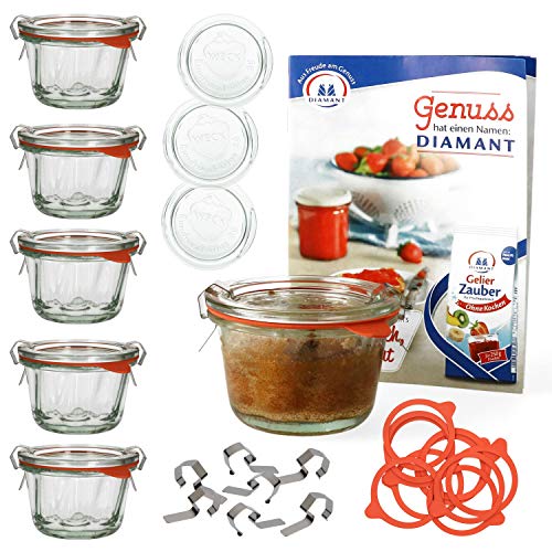 MamboCat 6er Set Weck Gugelhupf-Glas 165 ml I Weck-Gläser mit Deckel Einkochring Klammern I Original Weck Gugelhupfform Glas I Einweckgläser Set inkl. Diamant-Zucker Gelierzauber Rezeptheft von MamboCat