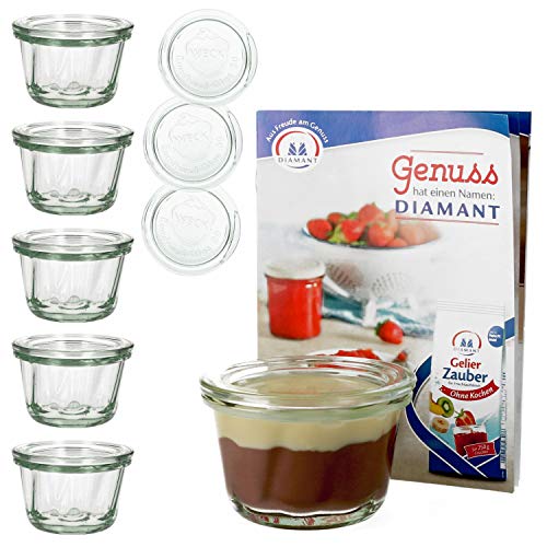 MamboCat 6er Set Weck Gugelhupf-Glas 165 ml I Weck-Gläser mit Deckel zum Backen im Glas I Original Weck Gugelhupfform Glas I Einweckgläser Set inkl. Diamant-Zucker Gelierzauber Rezeptheft von MamboCat