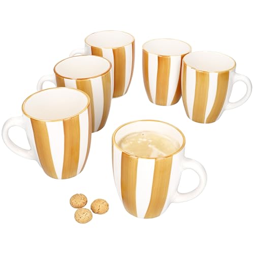 MamboCat 6er Set Wald ocker Kaffeebecher I 320 ml I Steingut-Tassen mit Henkel & gelben Streifen I 6 Personen I für Glühwein, Latte Macchiato & Co I Weihnachten von MamboCat