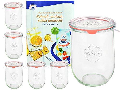 MamboCat 6er Set Weckgläser 1062 ml Tulpenform mit Deckel Einkochring Klammern I Original Weck Tulpenglas I Einweckgläser für Obst Gemüse uvm I inkl. Diamant-Zucker Gelierzauber Rezeptheft von MamboCat