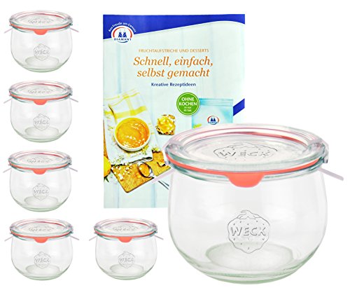 MamboCat 6er Set Weckgläser 580 ml Tulpenform mit Deckel Einkochring Klammern I Original Weck Tulpenglas I Einweckgläser für Obst Gemüse uvm I inkl. Diamant-Zucker Gelierzauber Rezeptheft von MamboCat